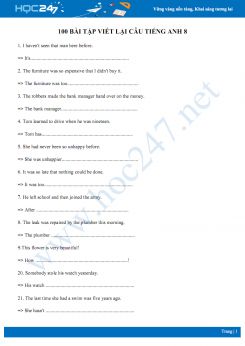 100 bài tập viết lại câu Tiếng Anh 8