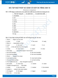 Bài tập ngữ pháp so sánh có đáp án Tiếng Anh 10