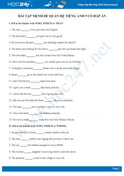 Bài tập mệnh đề quan hệ Tiếng Anh 9 có đáp án