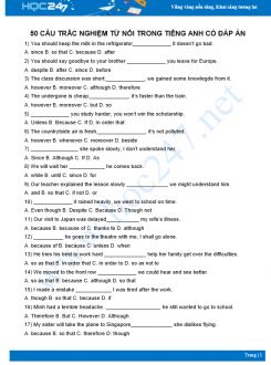 50 câu trắc nghiệm từ nối trong Tiếng Anh có đáp án