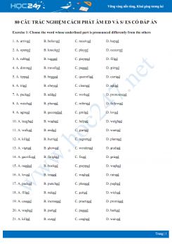80 câu trắc nghiệm cách phát âm ed và s/ es có đáp án