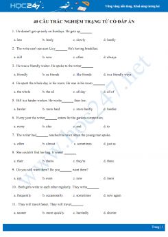 40 câu trắc nghiệm về trạng từ có đáp án