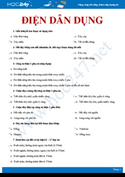 Câu hỏi trắc nghiệm vận dụng ôn tập Điện dân dụng Công nghệ 9 có đáp án