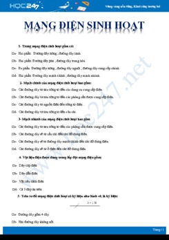 Câu hỏi trắc nghiệm ôn tập Mạng điện sinh hoạt Công nghệ 9 mức độ nhận biết có đáp án