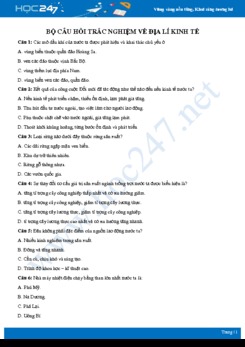 Bộ câu hỏi trắc nghiệm về Địa lí kinh tế có đáp án môn Địa lí 9