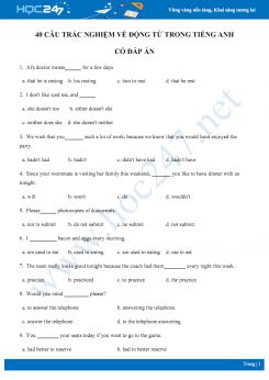 40 câu trắc nghiệm về động từ có đáp án
