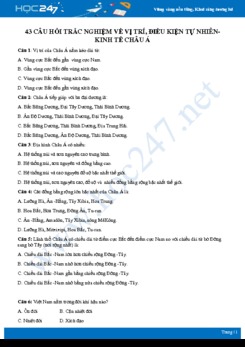 43 câu hỏi trắc nghiệm về Vị trí, điều kiện tự nhiên- kinh tế châu Á có đáp án môn Địa lí 8