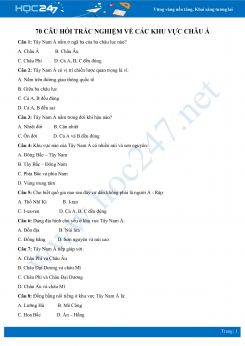 70 câu hỏi trắc nghiệm về các khu vực châu Á có đáp án môn Địa lí 8