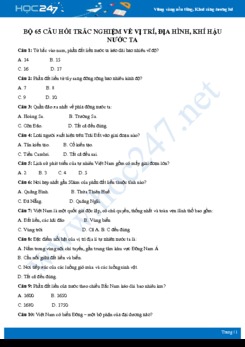 Bộ 65 câu hỏi trắc nghiệm về Vị trí, địa hình, khí hậu nước ta có đáp án môn Địa lí 8