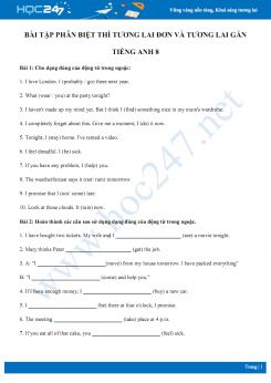 Bài tập phân biệt thì tương lai đơn và tương lai gần Tiếng Anh 8