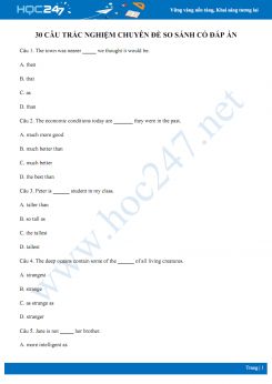 30 câu trắc nghiệm chuyên đề so sánh có đáp án