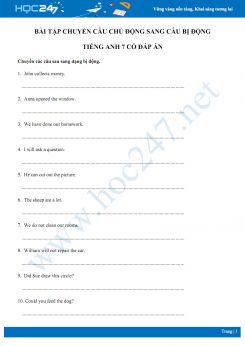 Bài tập chuyển câu chủ động sang câu bị động Tiếng Anh 7 có đáp án