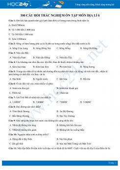 100 câu hỏi trắc nghiệm ôn tập có đáp án môn Địa lí 6