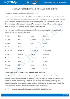 Bài tập đọc hiểu Tiếng Anh lớp 6 có đáp án