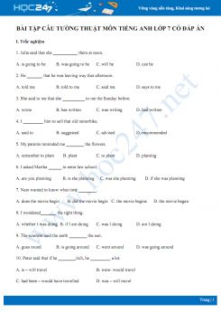 Bài tập câu tường thuật Tiếng Anh lớp 7 có đáp án