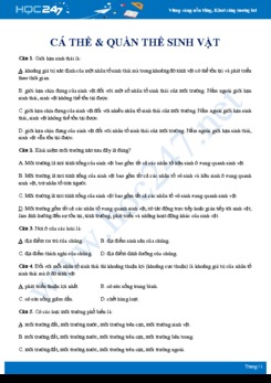 30 Câu hỏi trắc nghiệm nhận biết chủ đề Cá thể và quần thể sinh vật Sinh học 12 có đáp án