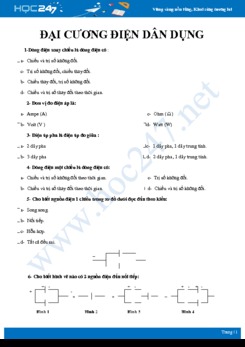 Bài tập trắc nghiệm ôn tập các kiến thức Đại cương điện dân dụng Công nghệ 9 có đáp án