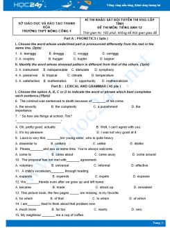 Đề thi khảo sát chất lượng đội tuyển HSG cấp tỉnh môn Tiếng Anh 12 năm 2020 Trường THPT Nông Cống 1 có đáp án