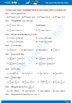 56 bài tập trắc nghiệm về Nguyên hàm lớp 12 có đáp án
