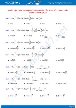50 bài tập trắc nghiệm về Tích phân của hàm số lượng giác Toán 12 có đáp án