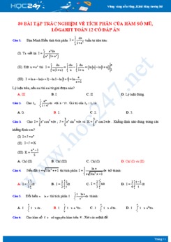 80 bài tập trắc nghiệm về Tích phân của hàm số mũ, lôgarit Toán 12 có đáp án