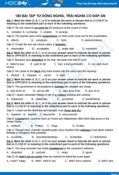 180 bài tập từ đồng nghĩa, trái nghĩa có đáp án
