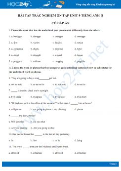 Bài tập trắc nghiệm ôn tập Unit 9 Tiếng Anh 8 có đáp án
