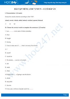Bài tập Tiếng Anh 7 Unit 9 – 11 có đáp án