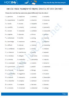 100 câu trắc nghiệm về trọng âm của từ có 3 âm tiết có đáp án