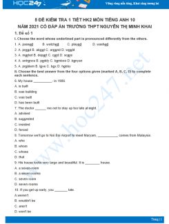 Bộ 5 đề kiểm tra 1 tiết HK2 môn Tiếng Anh lớp 10 năm 2021 Trường THPT Nguyễn Thị Minh Khai