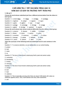 Bộ 5 đề kiểm tra 1 tiết HK2 môn Tiếng Anh lớp 10 năm 2021 Trường THPT Trần Phú
