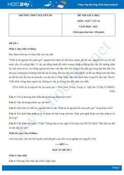 Bộ 5 đề thi giữa HK2 môn Ngữ văn 10 năm 2021 Trường THPT Nguyễn Du