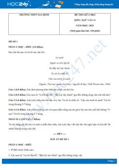 Bộ 5 đề thi giữa HK2 môn Ngữ văn 11 năm 2021 Trường THPT Gia Định