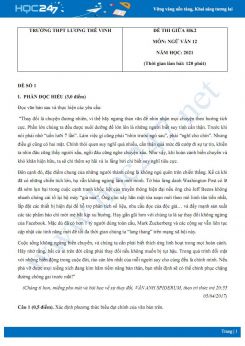 Bộ 5 đề thi giữa HK2 môn Ngữ văn 12 năm 2021 Trường THPT Lương Thế Vinh