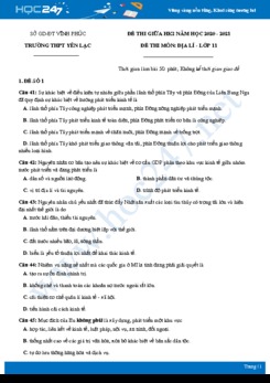 Bộ 5 đề thi giữa HK2 môn Địa lí 11 năm 2021 - Trường THPT Yên Lạc có đáp án