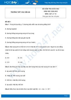 Bộ 5 đề kiểm tra giữa HK2 Vật Lý 10 năm 2021 Trường THPT Chu Văn An có đáp án