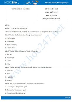 Bộ 5 đề thi giữa HK2 môn Ngữ văn 7 năm 2021 Trường THCS Cầu Giấy