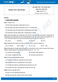 Bộ 5 đề kiểm tra giữa HK2 Vật Lý 11 năm 2021 Trường THPT Lâm Văn Bền có đáp án