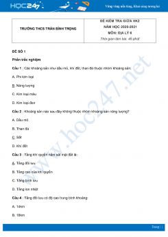 Bộ 5 đề kiểm tra giữa HK2 Địa Lý 6 năm 2021 Trường THCS Trần Bình Trọng có đáp án