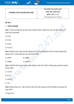 Bộ 5 đề kiểm tra giữa HK2 Vật Lý 10 năm 2021 Trường THPT Nguyễn Văn Trỗi có đáp án