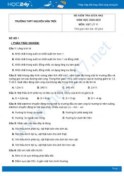 Bộ 5 đề kiểm tra giữa HK2 Vật Lý 11 năm 2021 Trường THPT Nguyễn Văn Trỗi có đáp án
