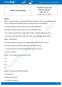 Bộ 5 đề kiểm tra giữa HK2 Địa Lý 6 năm 2021 Trường THCS Phù Đổng có đáp án