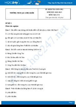 Bộ 5 đề kiểm tra giữa HK2 Địa Lý 8 năm 2021 Trường THCS Lạc Long Quân có đáp án