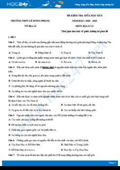 Bộ 5 đề thi giữa HK2 môn Địa lí 11 năm 2021 - Trường THPT Lê Hồng Phong có đáp án