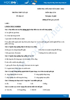 Bộ đề thi giữa HK2 môn Địa lí 10 năm 2021 - Trường THPT Lê Lợi có đáp án
