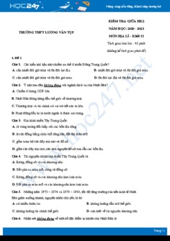 Bộ đề thi giữa HK2 môn Địa lí 11 năm 2021 - Trường THPT Lương Văn Tụy có đáp án