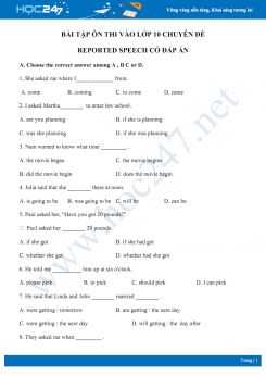 Bài tập ôn thi vào lớp 10 chuyên đề Reported speech có đáp án