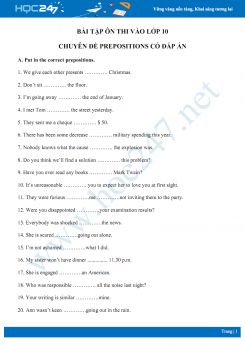 Bài tập ôn thi vào lớp 10 chuyên đề Prepositions có đáp án