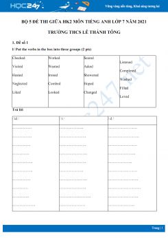 Bộ 5 đề thi giữa HK2 môn Tiếng Anh lớp 7 năm 2021 Trường THCS Lê Thánh Tông