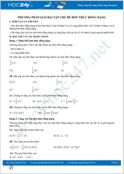 Phương pháp giải bài tập chủ đề Đơn thức đồng dạng Toán 7